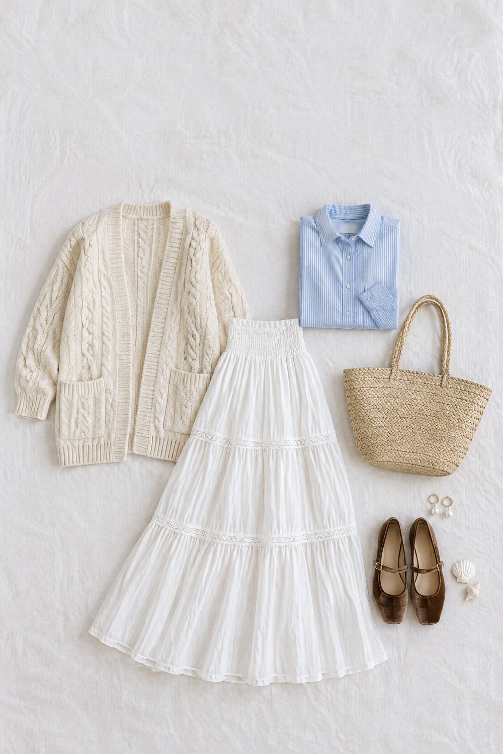 Flat-lay of a coastal cottagecore outfit on white linen: cream cable-knit cardigan, blue pinstripe shirt, white tiered maxi skirt, straw tote, brown Mary Jane flats and pearl earrings
